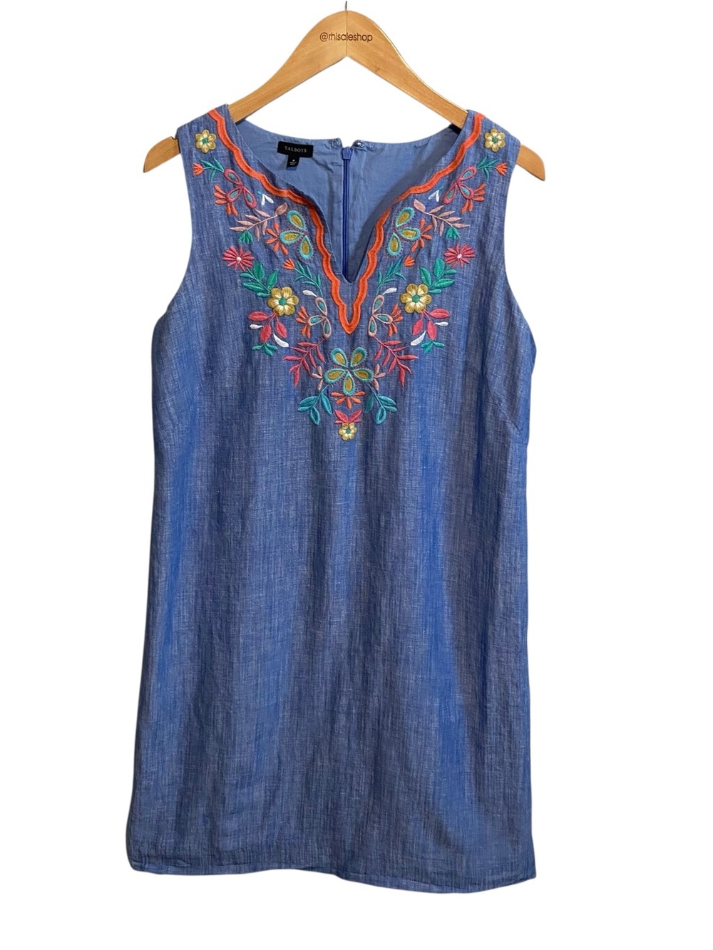 Talbots Chambray Floral Sleeveless Embroidered Linen Shift Dress Size 8 - Picture 2 of 7